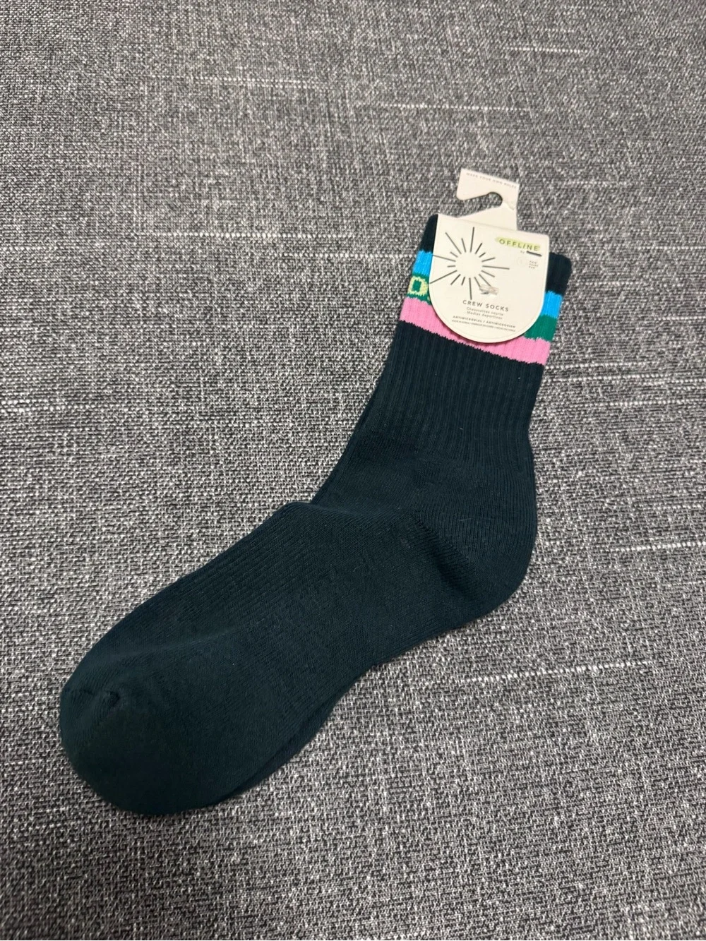 Aerie Black Crew Socks with Pink and Blue Stripes